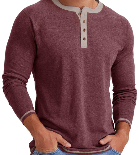 Crew Neck Henley Men Shirts Long Sleeve Shirts for Men Casual Color Block Tops