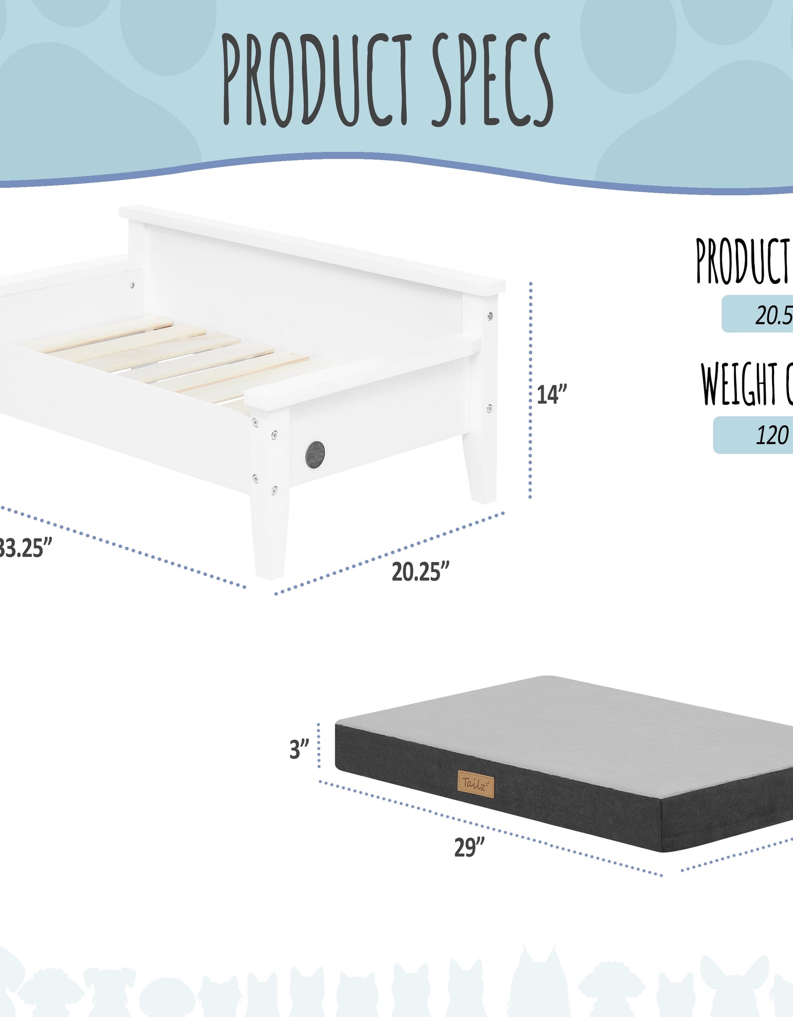Winston Small Elevated Wooden Pet Bed with Plush Mattress, White