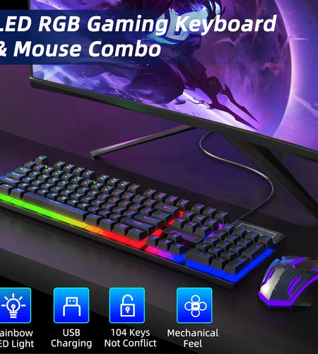 Gaming Keyboard and Mouse Combo, RGB LED Backlit Wired Computer Keyboard, Rainbow Light up USB Keyboard with 26 Anti-Ghosting Keys for PC Gamer, Laptop, Office, Black