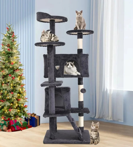 54-In Double Condo Cat Tree Tower Playhouse with Scratching Post & Perch for Indoor, Ashy
