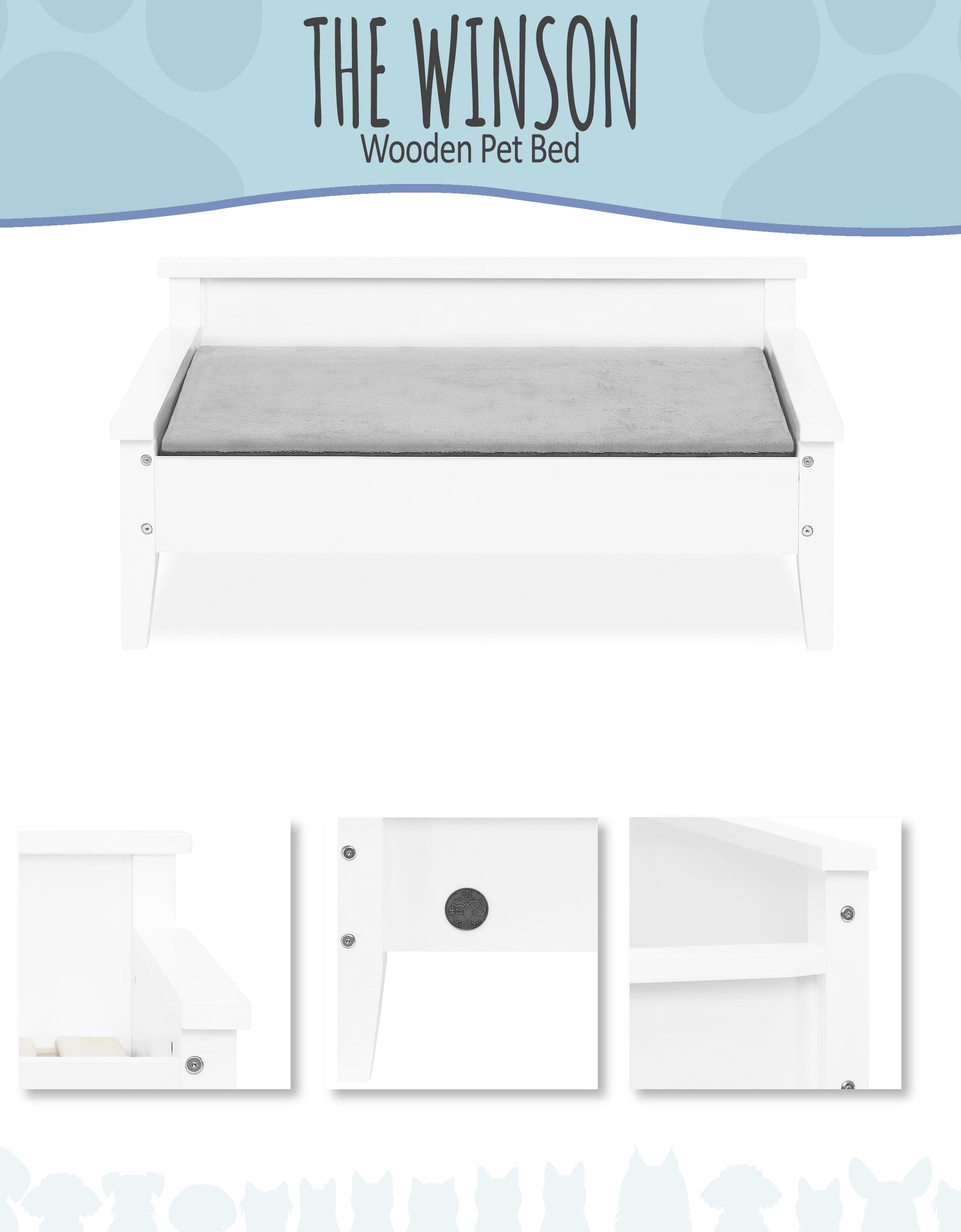 Winston Small Elevated Wooden Pet Bed with Plush Mattress, White