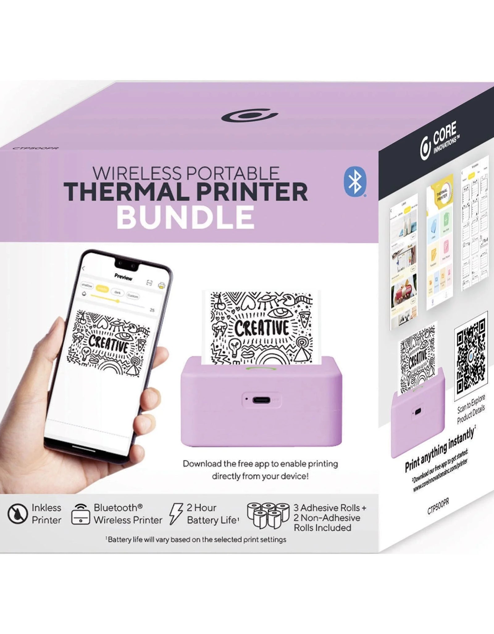 CTP500 Bluetooth Mini Portable Inkless Thermal Printer & Label Maker + Paper, Android & Ios (Purple)