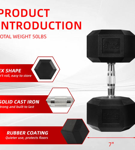 Rubber Encased Hex Dumbbell, 50Lbs, Single