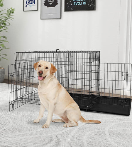 42 Inch Dog Crate, Dog Crates and Kennels Foldable Large Dog Crate for Large Dogs with Handle Double-Door Outdoor Metal Wire Dog Cage with Plastic Tray for Medium Dogs, Black