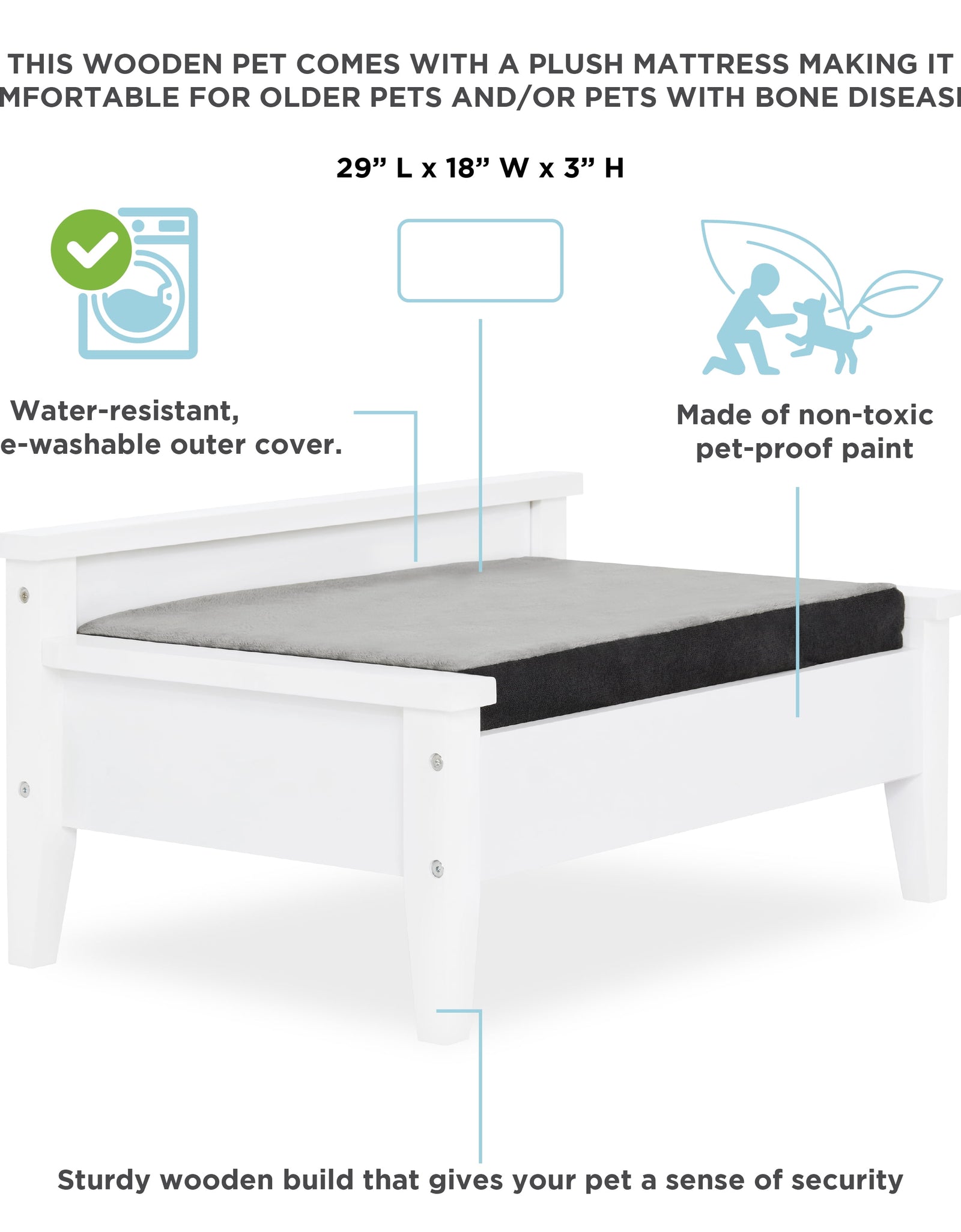 Winston Small Elevated Wooden Pet Bed with Plush Mattress, White