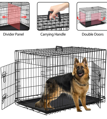 42 Inch Dog Crate, Dog Crates and Kennels Foldable Large Dog Crate for Large Dogs with Handle Double-Door Outdoor Metal Wire Dog Cage with Plastic Tray for Medium Dogs, Black