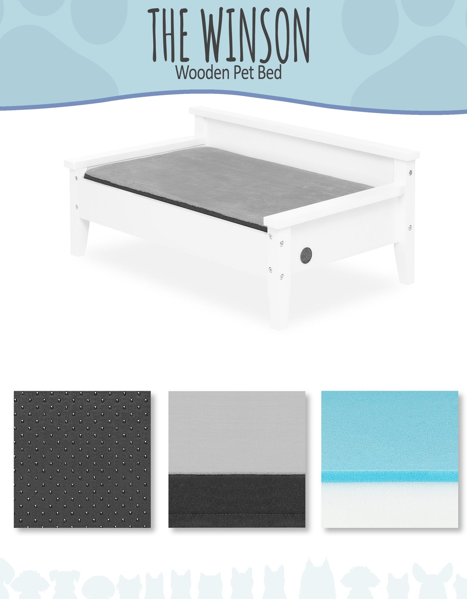 Winston Small Elevated Wooden Pet Bed with Plush Mattress, White